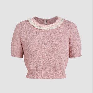 Cider Knit Round Neckline Solid Lace Short Sleeve Crop Top in Pink, XL